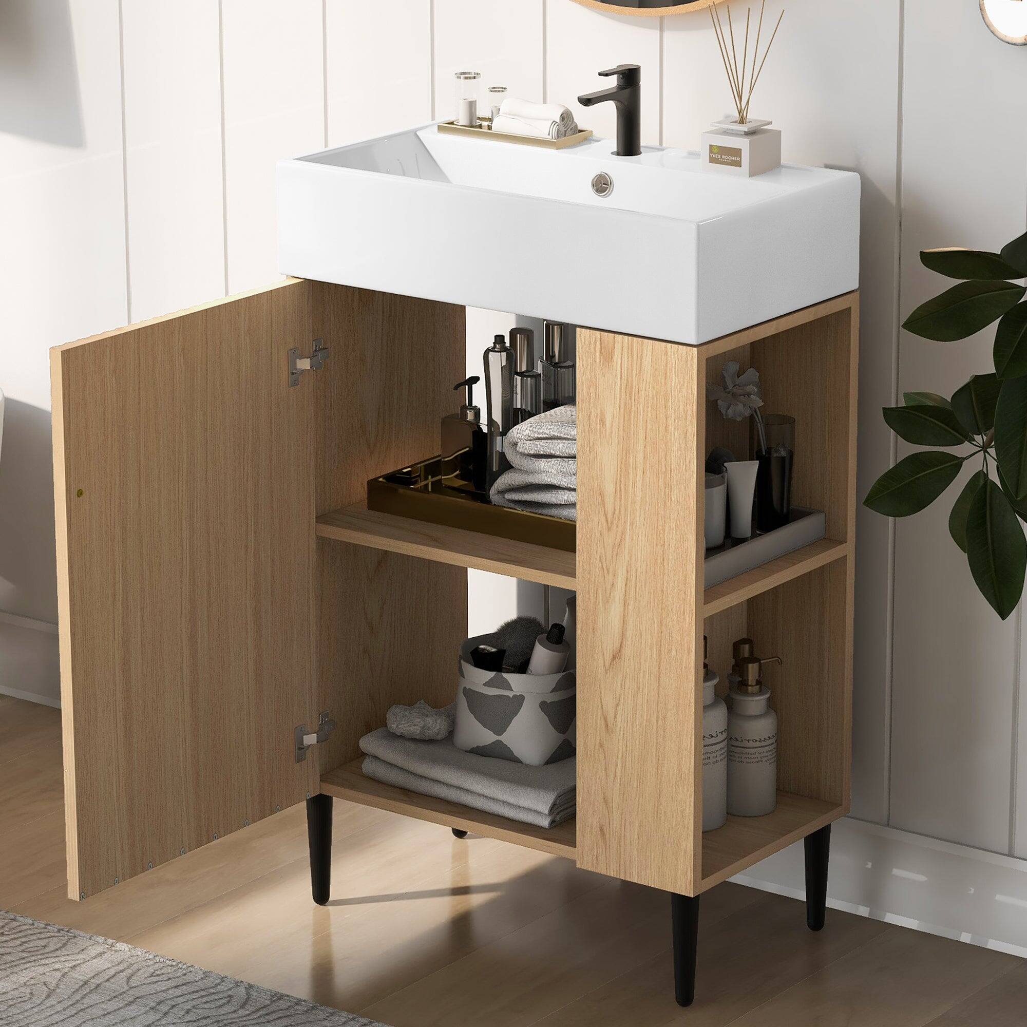 Alt View 4. Boyel Living - 21.6 Inch Wood Bathroom Vanity with Ceramic Sink, Right Side Storage, Soft-Close Door - Wood.