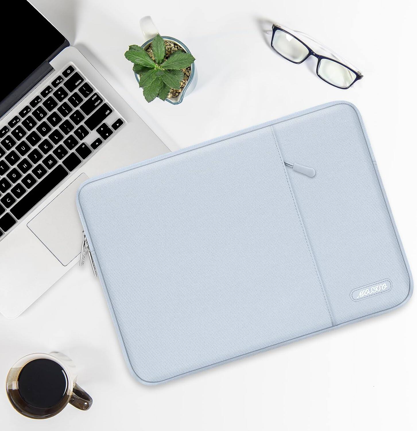 Alt View 1. mosiso - 15 inch Laptop Sleeve with Pocket, Polyester Vertical Case for MacBook Air 15 inch M5 M4 M3 M2, Acer Dell XPS Lenovo - Baby Blue.