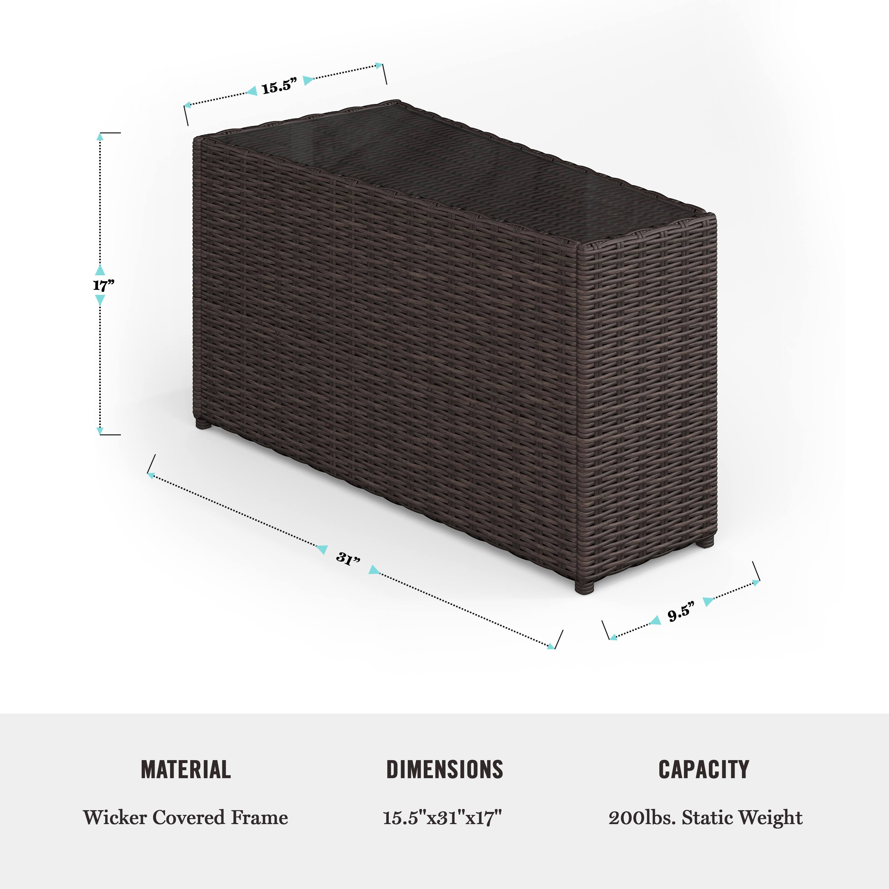 The text on the image is grouped and corrected as follows:

Material: Wicker Covered Frame
Dimensions: 15.5" x 31" x 17"
Capacity: 200lbs. Static Weight
