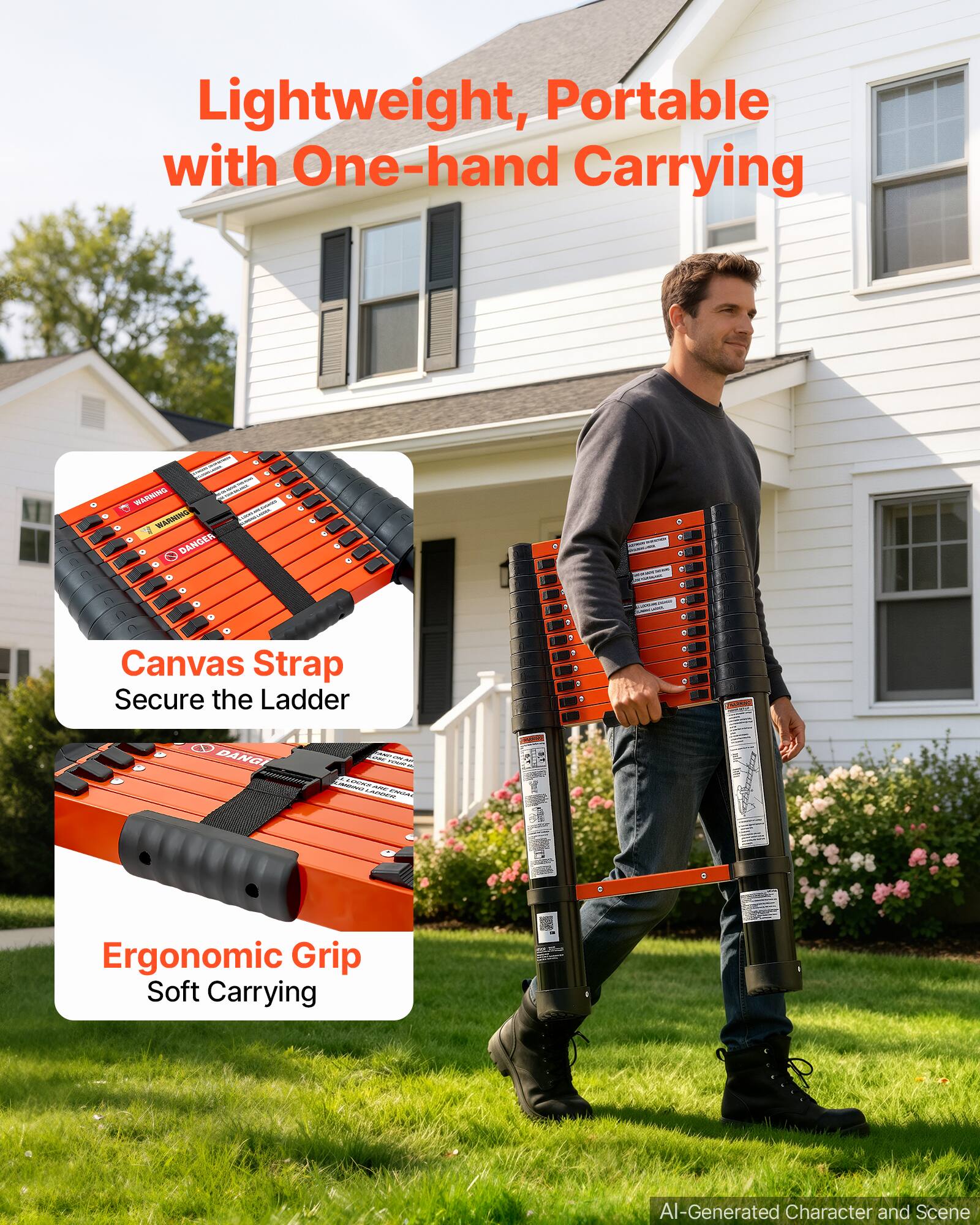 Lightweight, Portable with One-hand Carrying

WARNING WARNING DANGER

Canvas Strap Secure the Ladder

Ergonomic Grip Soft Carrying

AI-Generated Character and Scene