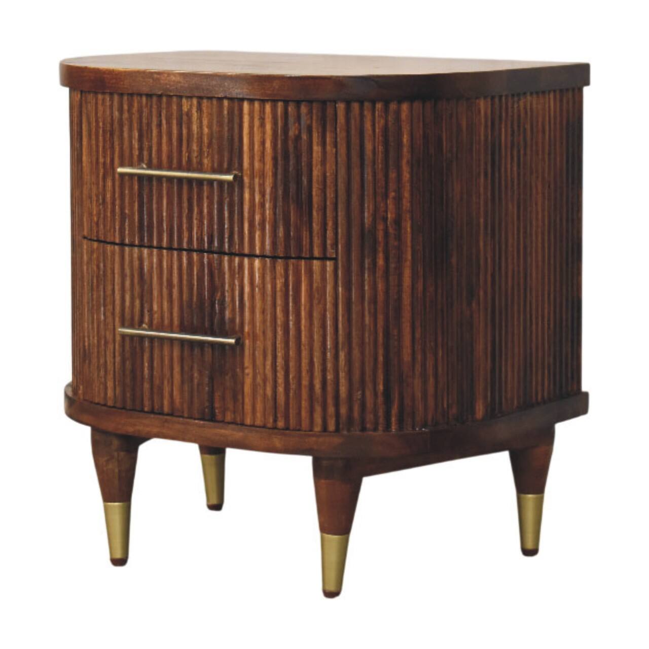 Left. Artisan Furniture - Artisan Furniture Solid Wood Ribbed Bedside with Brass Handles, 2 Drawers, Brown - Brown.