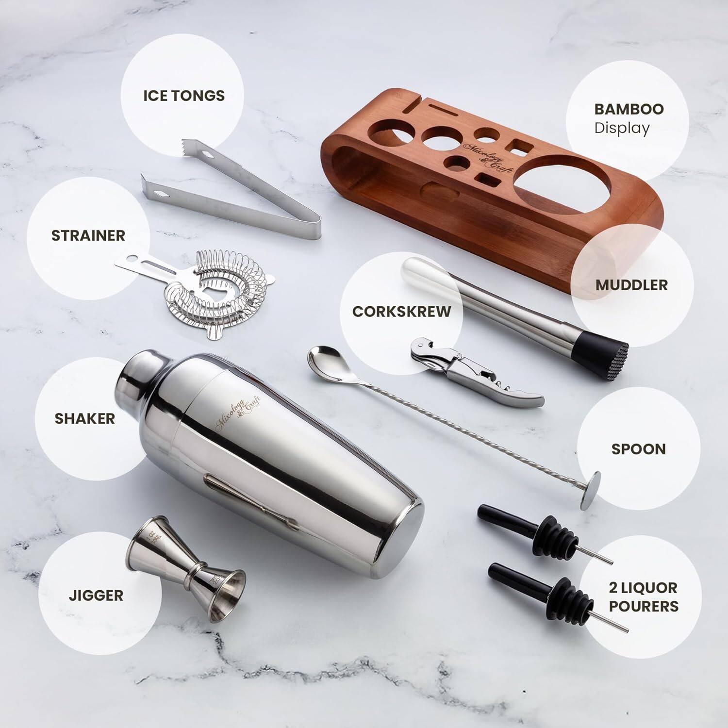 ICE TONGS, STRAINER, CORKSREW, SHAKER, JIGGER, SPOON, 2 LIQUOR POURERS, BAMBOO Display, MUDDLER