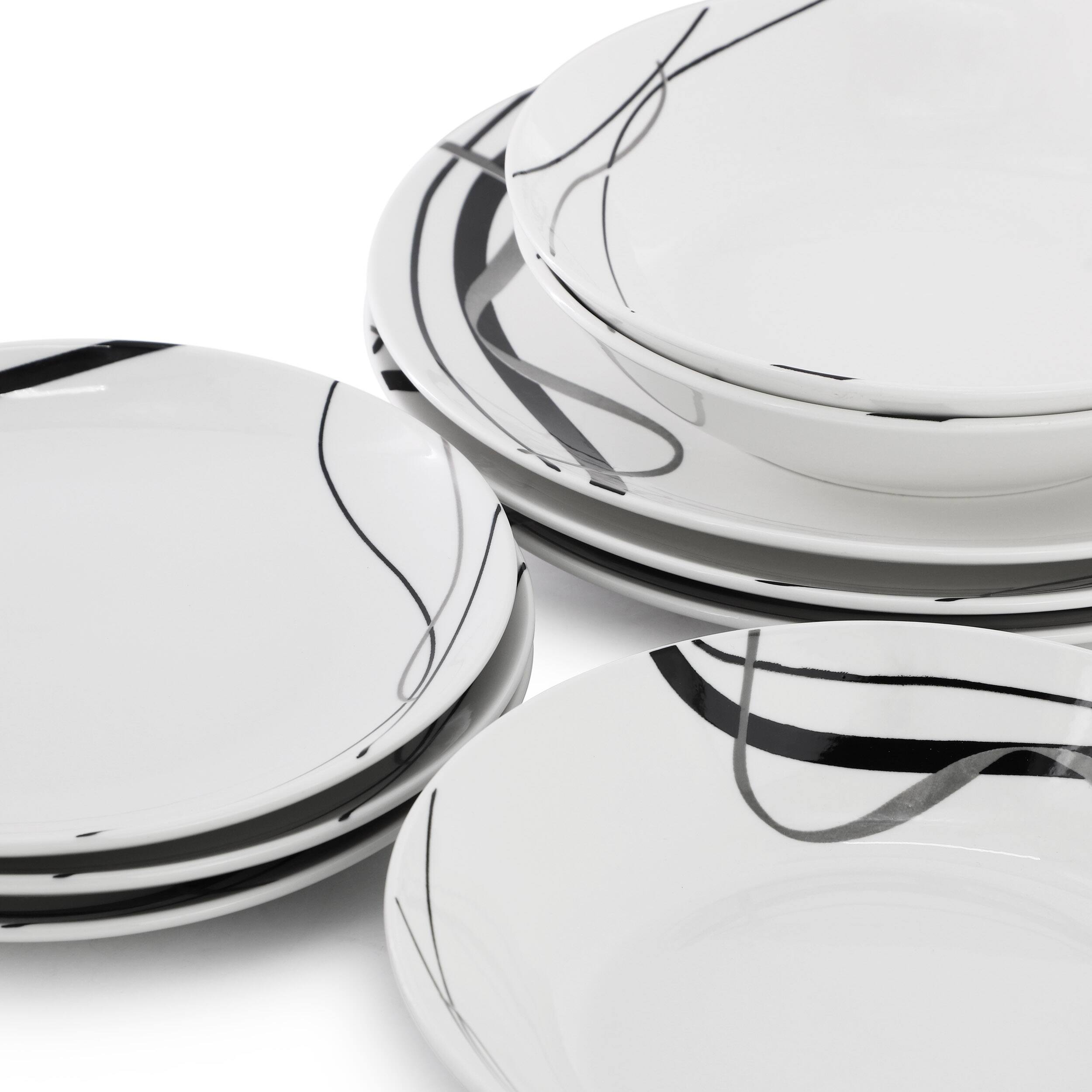 Alt View 4. Elama - Elama Sarah 18 Piece Porcelain Ribbon Lined Dinnerware Set, Service for 6 in White and Black - White.