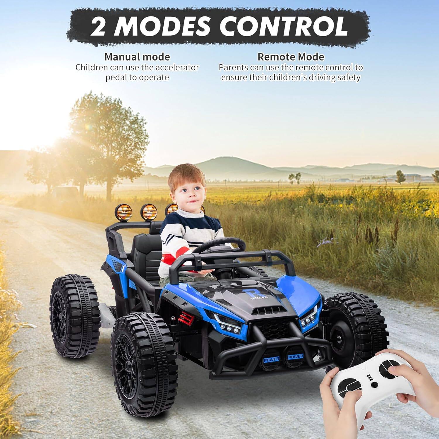 2 MODES CONTROL

Manual mode  
Children can use the accelerator pedal to operate

Remote Mode  
Parents can use the remote control to ensure their children's driving safety