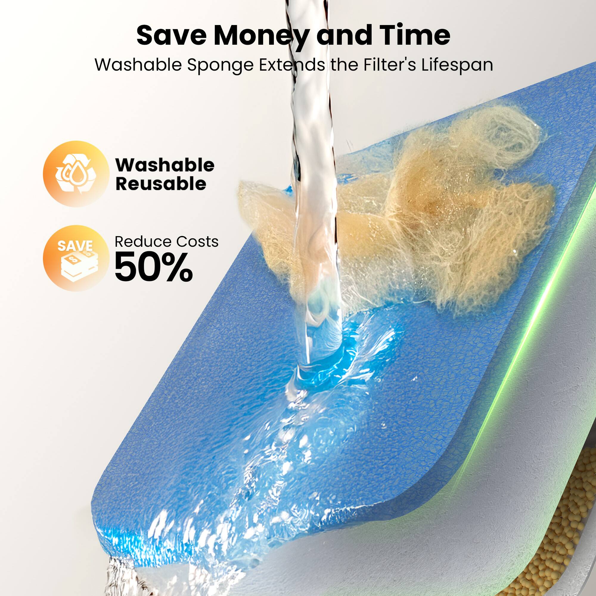 Save Money and Time  
Washable Sponge Extends the Filter's Lifespan  

- Washable Reusable  
- Reduce Costs 50%