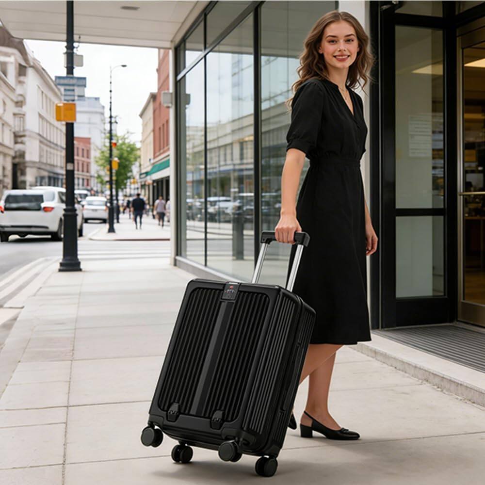 Angle. Quick Deer - Front Opening Carry On Luggage with USB & Type-C Ports, Cup Holder & Laptop Pocket, 20" Hardshell Suitcase - Black.