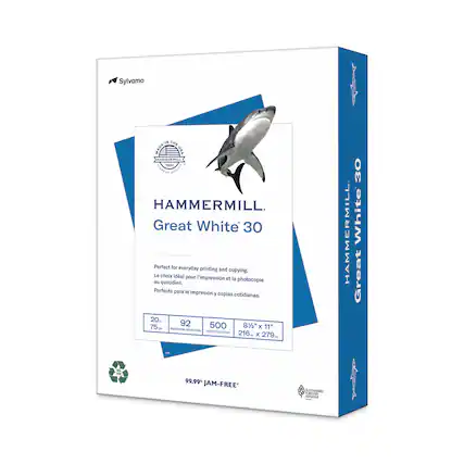 Sylvamo THE USA HAMMERMILL Great White 30 Perfect for everyday printing and copying. Le choix idéal pour l'impression et la photocopie. Perfecto para la impresión y copias cotidianas. 20 92 500 8% x 11" 75 - ELA.M x 216- x 279 - HAMMERMILL 30 White Great TM i PR 99.99% JAM-FREE* SANNE I naTuLin