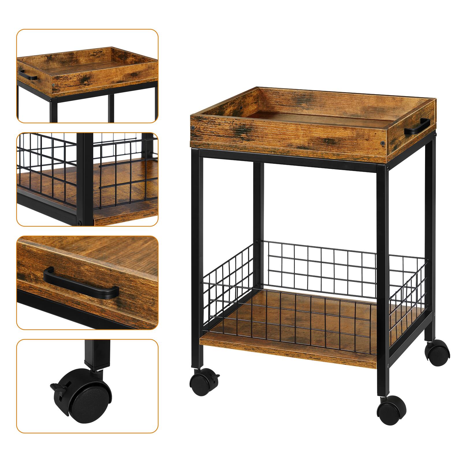 Left. Oumilen - Rustic Wood Top Rolling Cart with Removable Tray, Industrial 2-Tier Mobile Storage Trolley with Lockable Wheels - Brown.