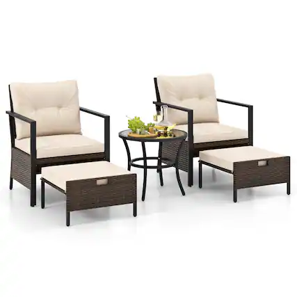 Front. Costway - Costway 5 PCS Outdoor Furniture Set Rattan Chairs & Ottomans with Glass Topped Coffee Table - White.
