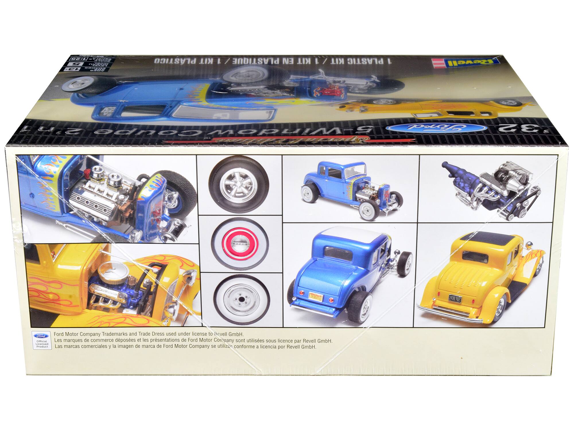 Sure, here is the corrected and grouped text from the image:

---

**Front of the Box:**

- E 24
- L. "add PLASTICO KIT 1 PLASTIQUE EN KIT /1 KIT PLASTIC 1 Beve 0 2n1 5-Windew Firdl Coube 32 F
- Ford Motor Company Trademarks and Trade Dress used under license to Revell GmbH.
- Les marques de commerce déposées et les présentations de Ford Motor Company sont utilisées sous licence par Revell GmbH.
- Conformas Las marcas comerciales y la imagen de marca de Ford Motor Company se utilizan conforme a licencia por Revell GmbH.

**Side of the Box:**

- Ford Motor Company Trademarks and Trade Dress used under license to Revell GmbH.
- Les marques de commerce déposées et les présentations de Ford Motor Company sont utilisées sous licence par Revell GmbH.
- Las marcas comerciales y la imagen de marca de Ford Motor Company se utilizan conforme a licencia por Revell GmbH.

**Bottom of the Box:**

- Ford Motor Company Trademarks and Trade Dress used under license to Revell GmbH.
- Les mar