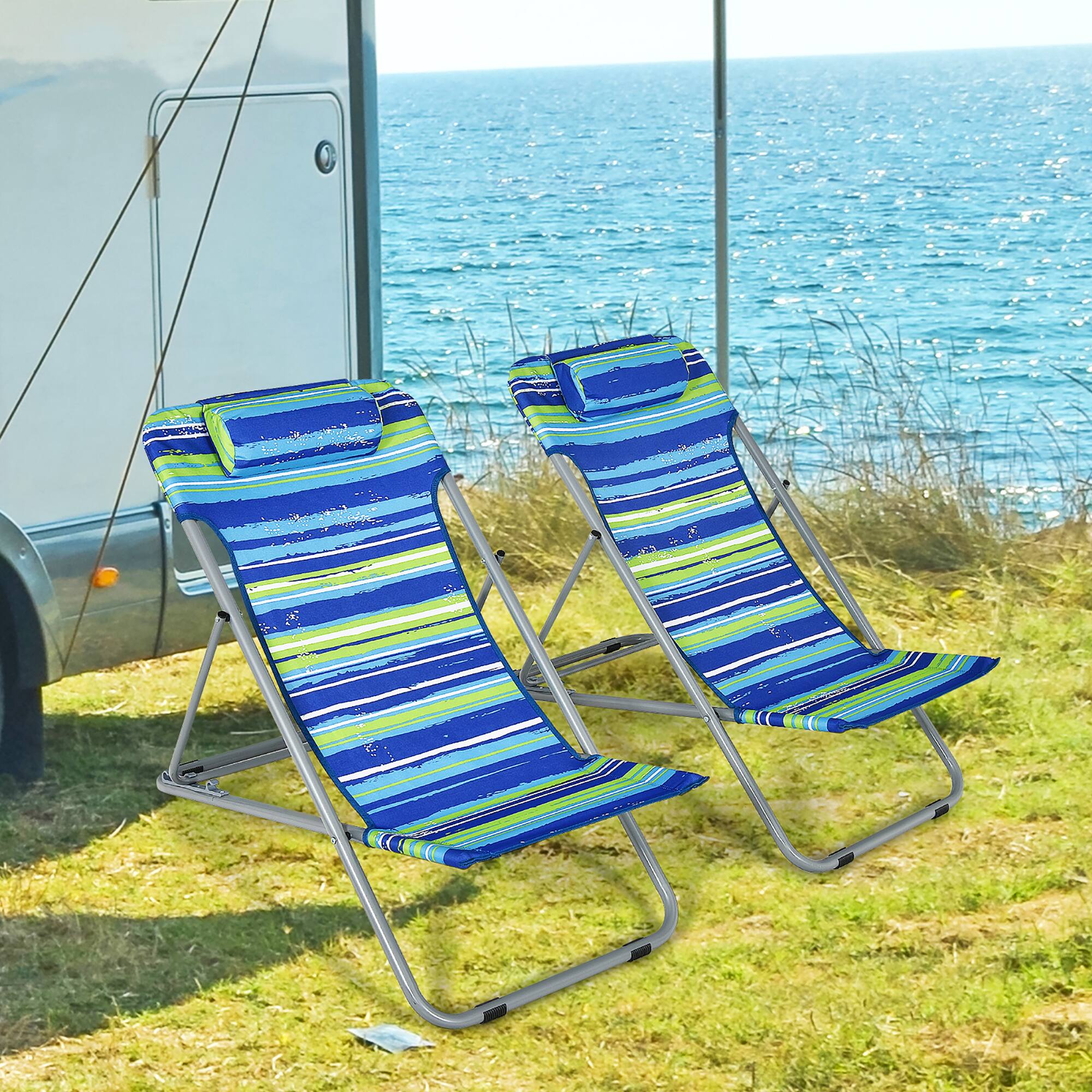 Alt View 1. Costway - Costway Set of 2 Beach Chair Portable 3-Position Lounge Chair w/ Headrest - Blue.