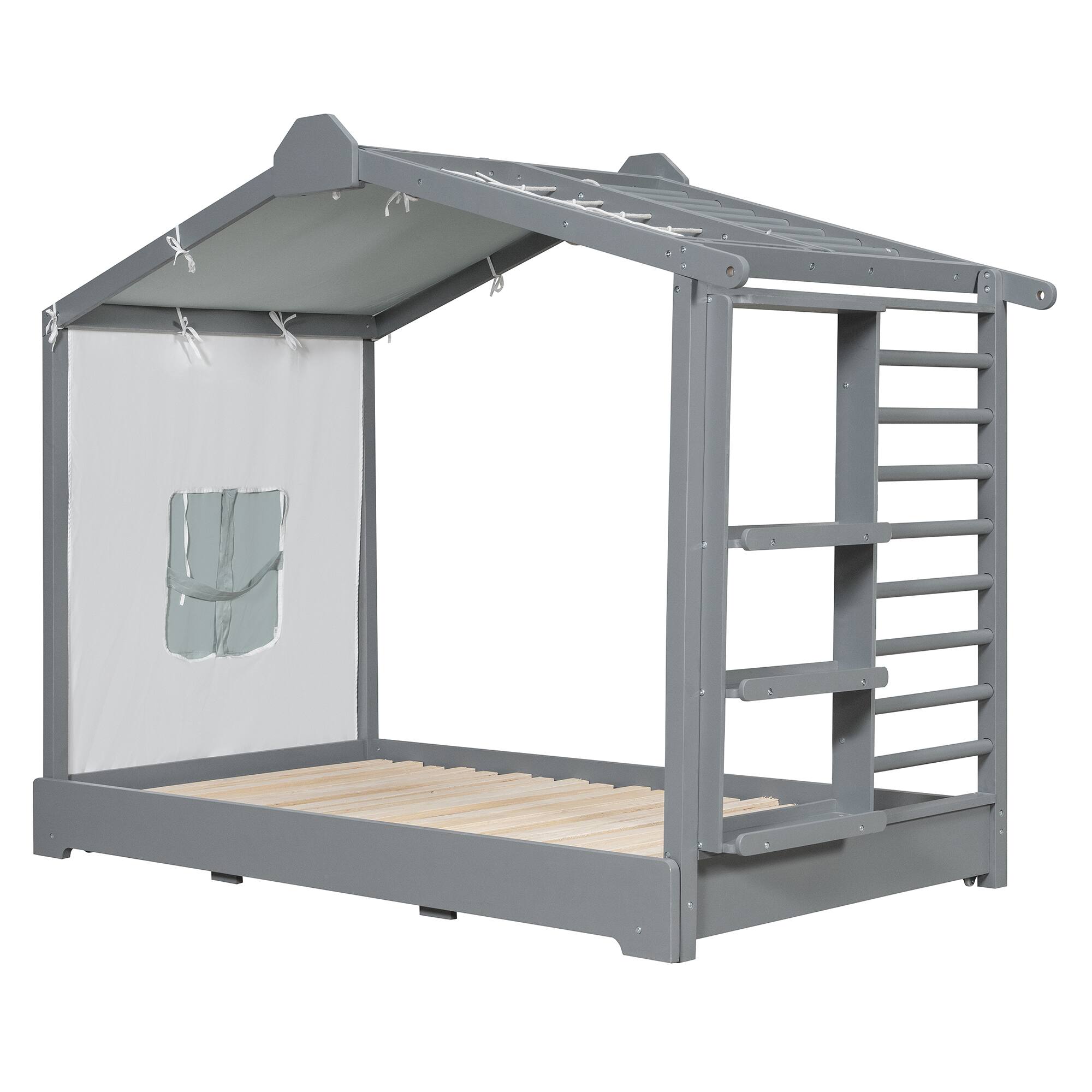 Back. Anysun - Twin Size House Bed with Twin Size Trundle and Side Shelves - Grey.