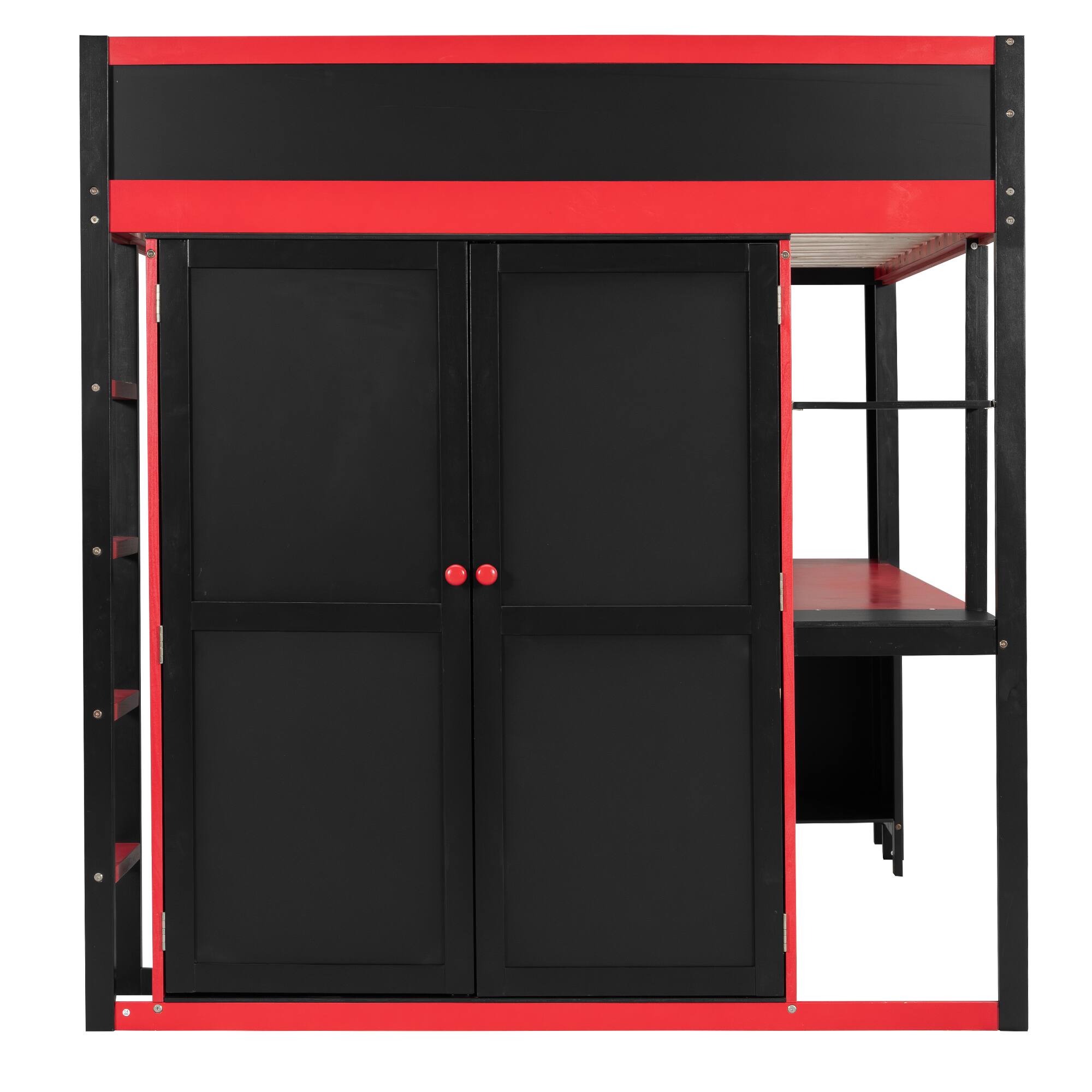 Alt View 2. Whisen - Queen Gaming Loft Bed with Desk, Wardrobe, and Storage Headboard, Space-Saving Workstation - Red|Black.