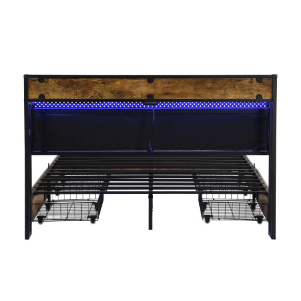Alt View 1. LUCKY ONE - Full Size Platform Bed Frame with USB Outlets and RGB LED Lights, 4 Storage Drawers, Heavy Duty Metal Slats - Black+Brown+Grey.