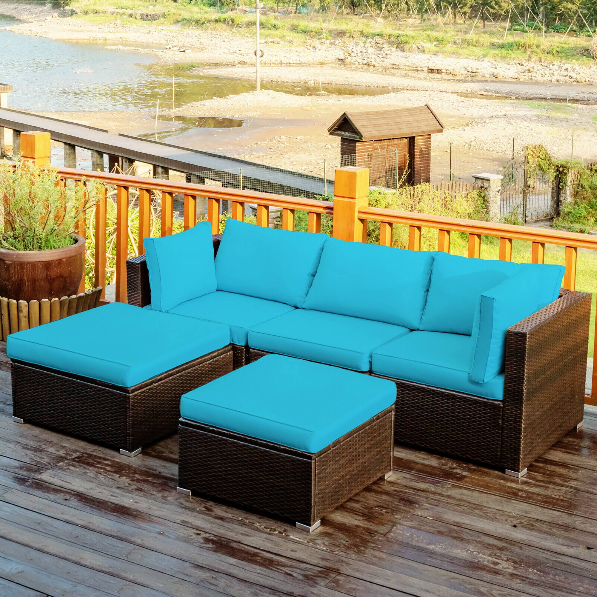 Alt View 1. Costway - Costway 5PCS Patio Rattan Sectional Conversation Set Ottoman - Turquoise.