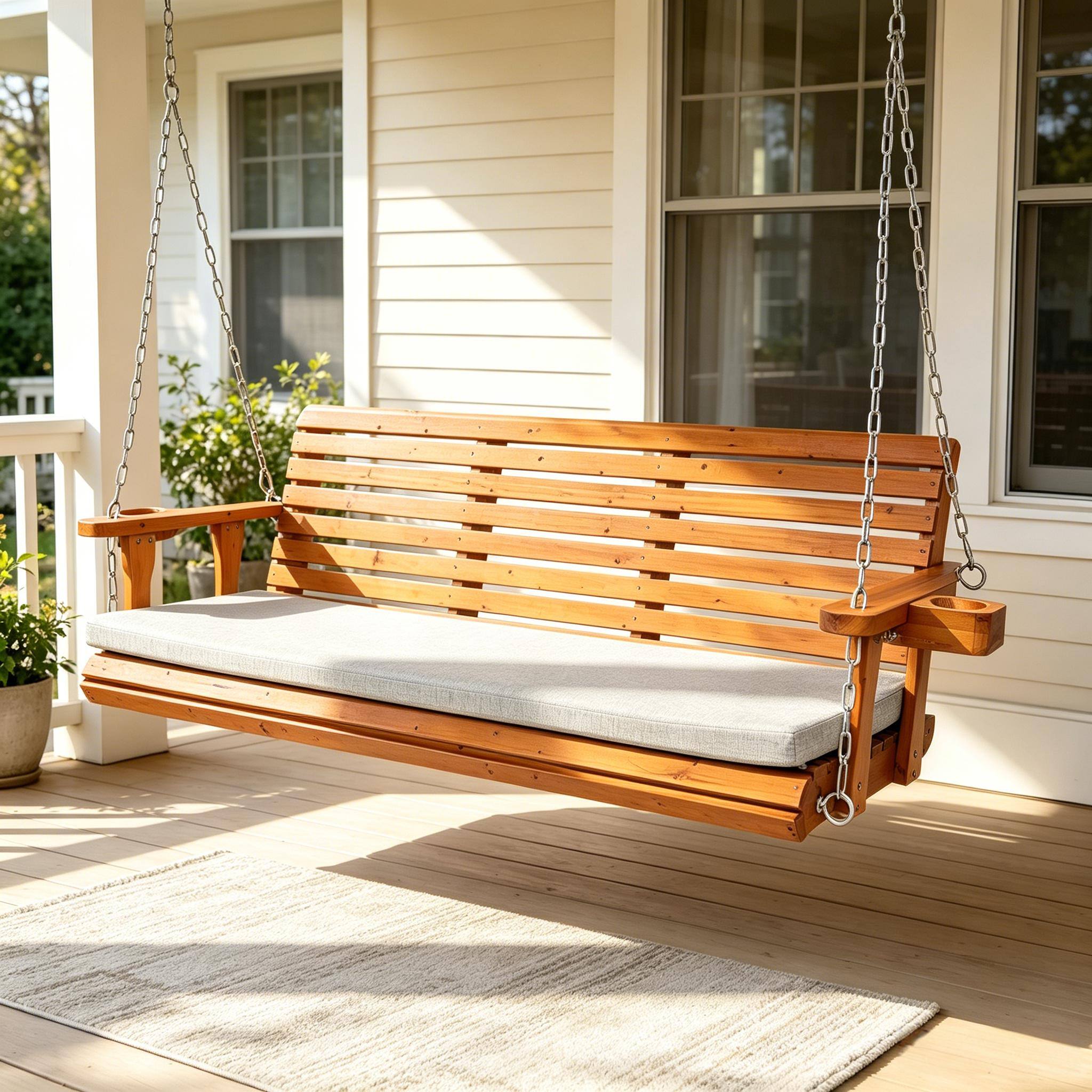 Front. Fortune Candy - Wooden Porch Swing with Cushion, 5 ft Patio Swing, Heavy Duty 880 LBS, Weather-Resistant for Outdoor - Teak Tone.