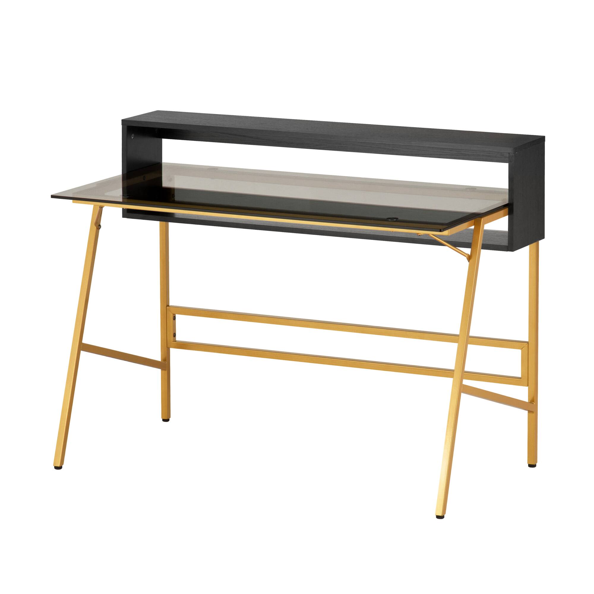 Alt View 1. GOODSILO - Modern Home Office Writing Desk with Tempered Glass Top and Open Shelves - Gold.