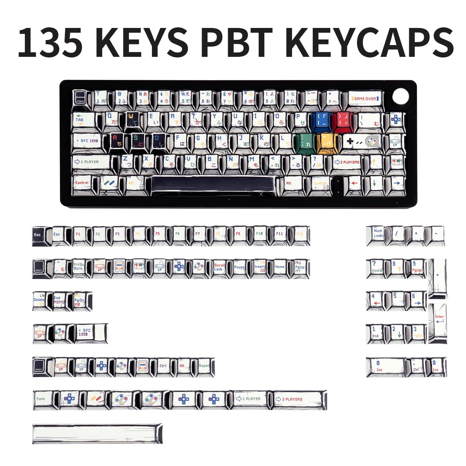 135 KEYS PBT KEYCAPS

1 PLAYER 2 PLAYERS

Esc 1 2 3 4 5 6 7 8 9 0 - = Delete

Tab Q W E R T Y U I O P [ ] \

Caps Lock A S D F G H J K L ; '

Shift Z X C V B N M , . / Shift

Ctrl Fn 1 2 3 4 5 6 7 8 9 0 - = Enter

Spacebar

F1 F2 F3 F4 F5 F6 F7 F8 F9 F10 F11 F12

Num Lock 7 8 9 + 4 5 6 - 1 2 3 Enter 0 .

Insert Home Page Up Page Down End

Ctrl Alt Super

Funs

SFC 1950

1 PLAYER 2 PLAYERS

GAME OVER

SFC 1950

1 PLAYER 2 PLAYERS

SFC 1950

1 PLAYER 2 PLAYERS

SFC 1950

1 PLAYER 2 PLAYERS

SFC 1950

1 PLAYER 2
