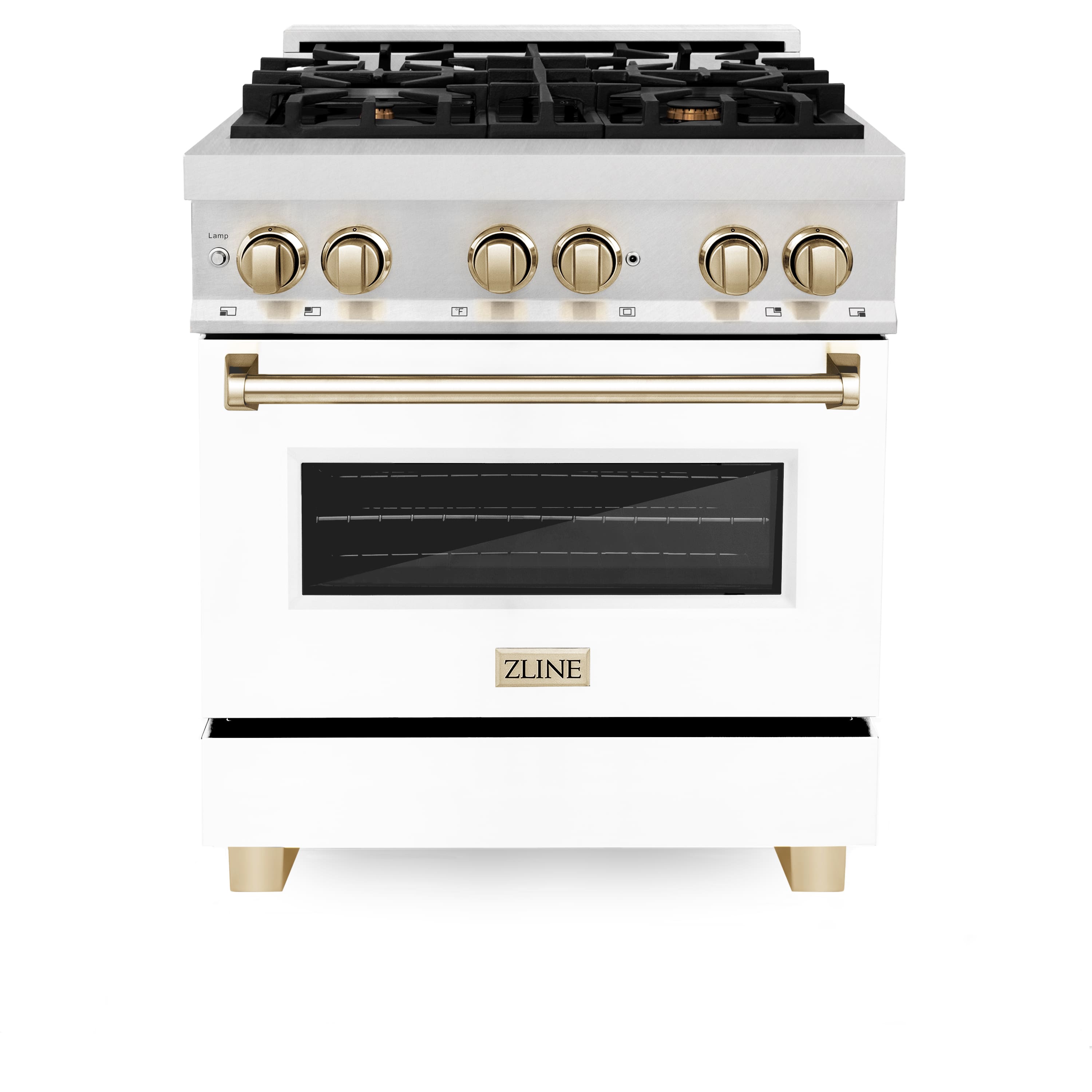 Front. ZLINE - ZLINE Autograph 30 in. Legacy Dual Fuel Range in Satin Steel w/ White & Gold Accents (RASZ-WM-30-G) - Stainless steel.
