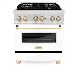 ZLINE - Autograph 30 in. Legacy Dual Fuel Range in Satin Steel w/ White & Gold Accents (RASZ-WM-30-G) - Stainless Steel