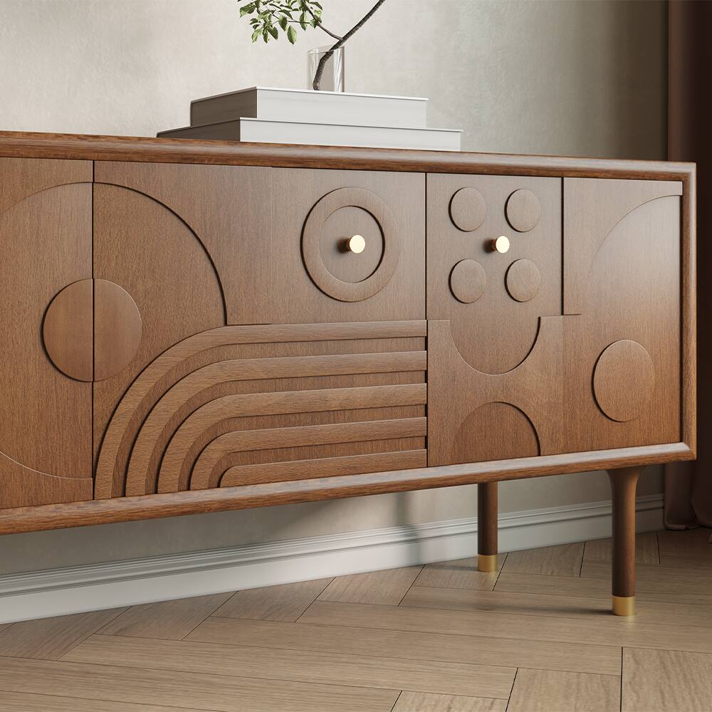 Alt View 1. POVISON - 94.49"Mid-Century Modern TV Stand, Wood Media Console with Cabinets, Tall-Cast Legs - Walnut Color.