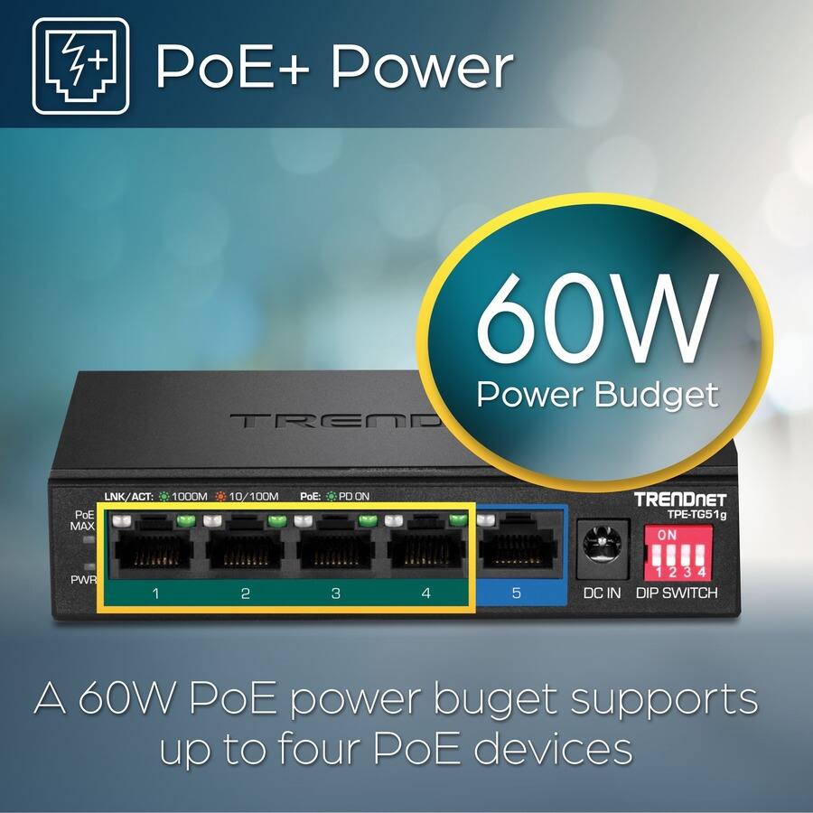 PoE+ Power

60W Power Budget

A 60W PoE power budget supports up to four PoE devices

TRENDNET TPE-TG51g

LNK/ACT: 1000M 10/100M

PoE MAX

PD ON

DC IN

DIP SWITCH 1 2 3 4