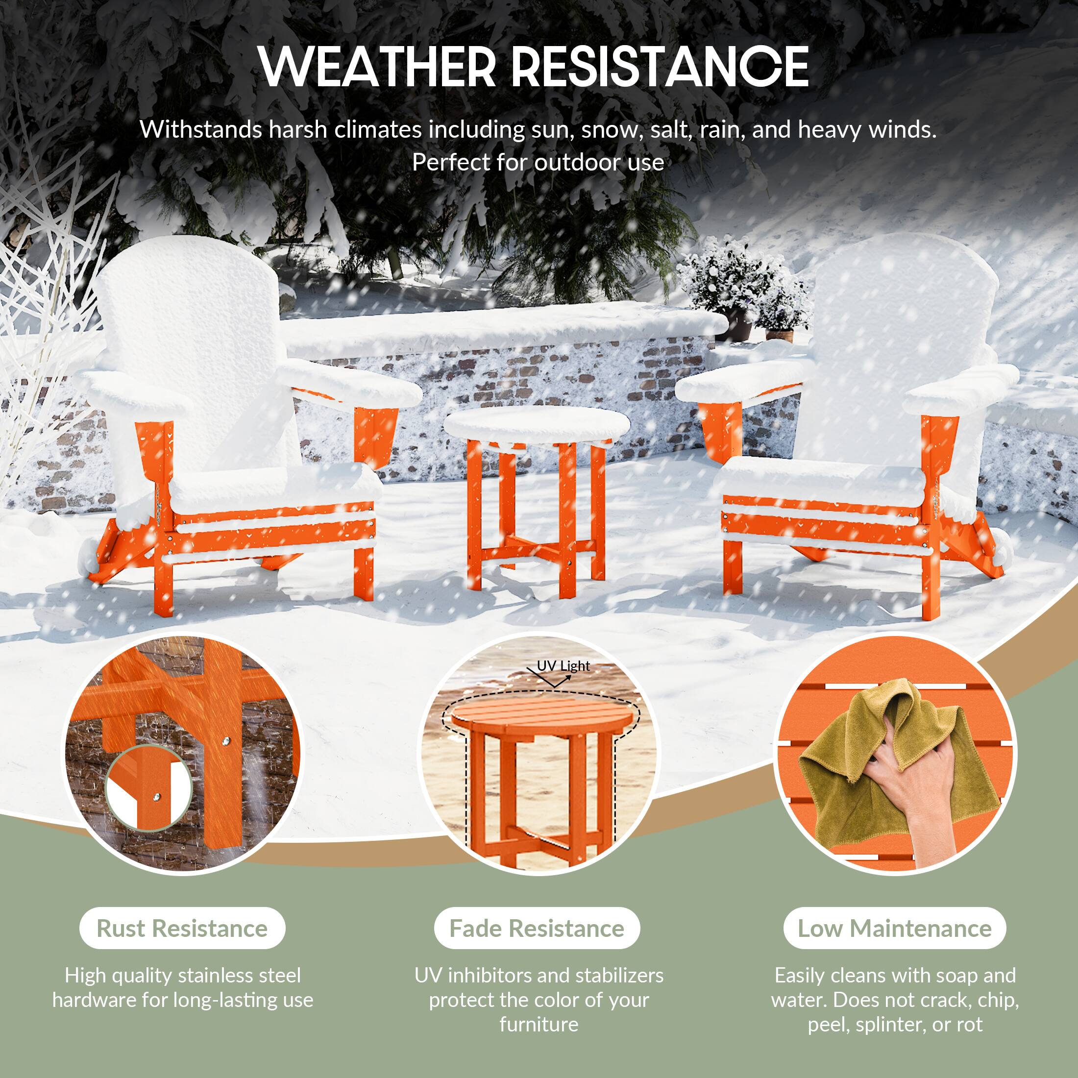 WEATHER RESISTANCE  
Withstands harsh climates including sun, snow, salt, rain, and heavy winds.  
Perfect for outdoor use  

- Rust Resistance  
  High quality stainless steel hardware for long-lasting use  

- Fade Resistance  
  UV inhibitors and stabilizers protect the color of your furniture  

- Low Maintenance  
  Easily cleans with soap and water. Does not crack, chip, peel, splinter, or rot