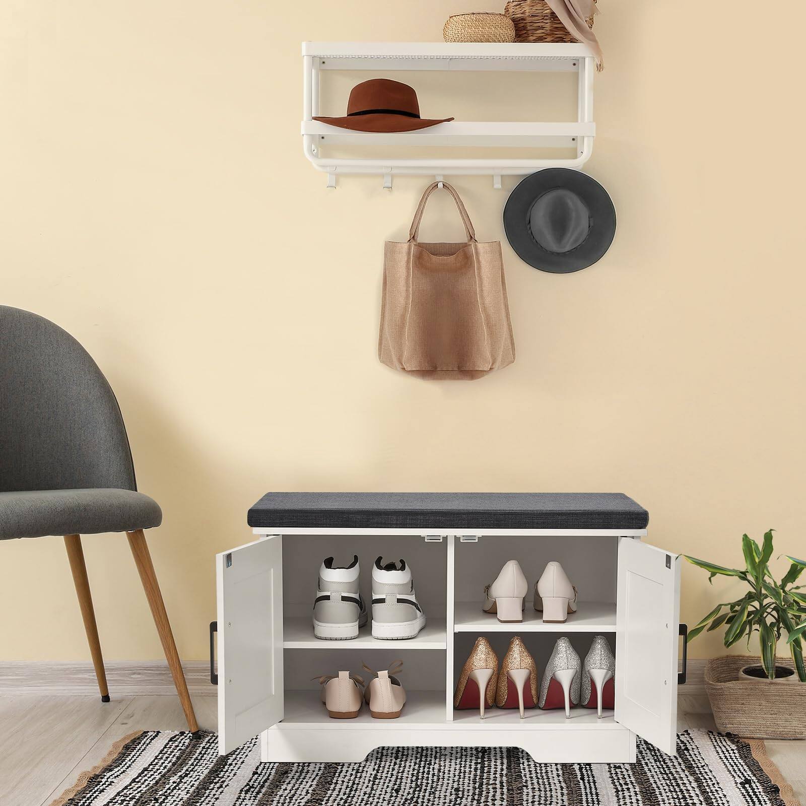 Left. Reds Spade - 2-Tier Storage Bench, 27.6 Wide Shoe Bench with Padded Seat Cushion, Entryway Bench with 2 Barn Doors and ... - White 47.2" Wide.