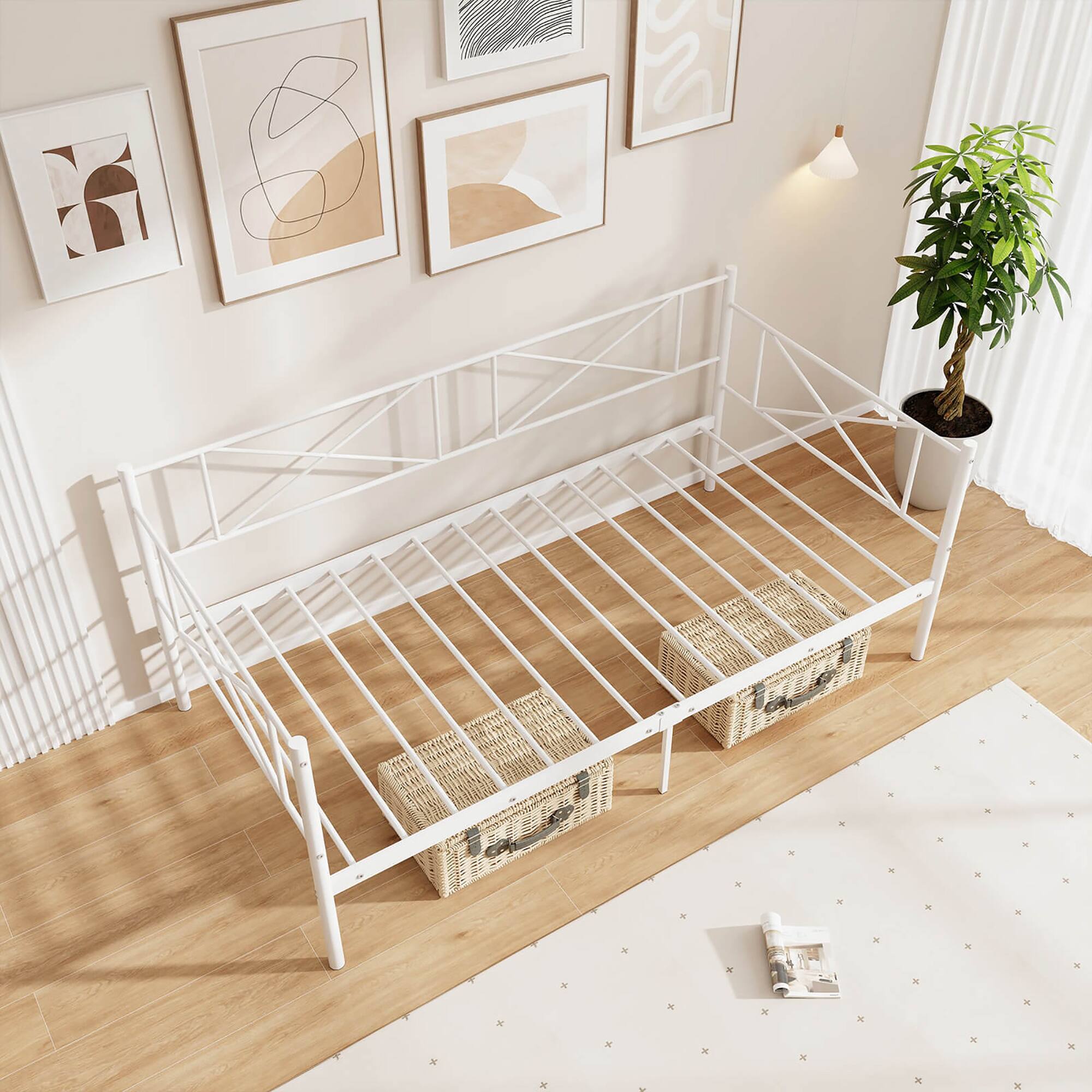 Alt View 5. Gymax - Gymax Twin Size Metal Daybed Modern Platform Bed w/ Heavy-duty Metal Slat Support White - White.