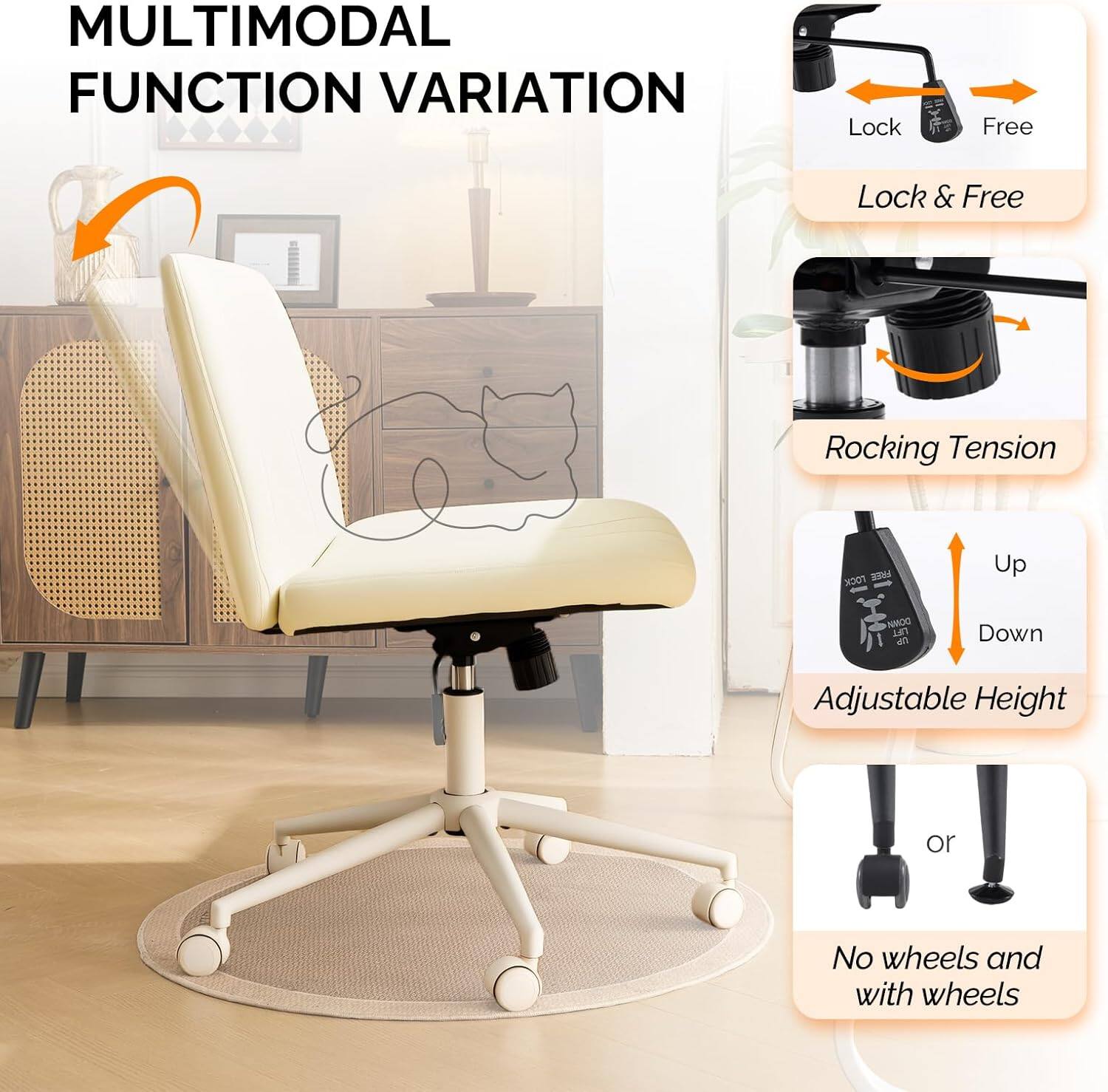MULTIMODAL FUNCTION VARIATION

- Lock Free
- Lock & Free
- Rocking Tension
- Adjustable Height (Up/Down)
- No wheels and with wheels