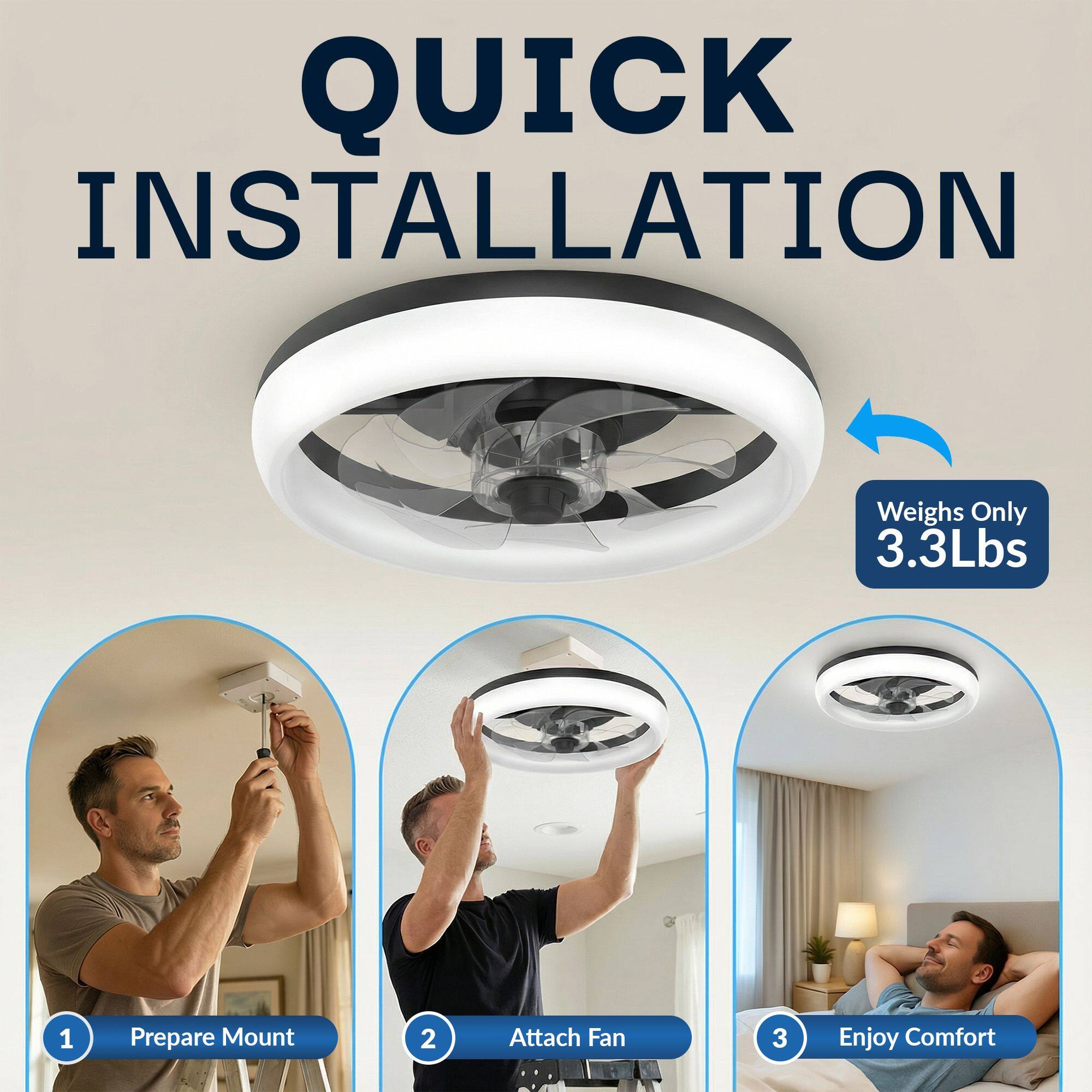 QUICK INSTALLATION  
Weighs Only 3.3Lbs  
1. Prepare Mount  
2. Attach Fan  
3. Enjoy Comfort