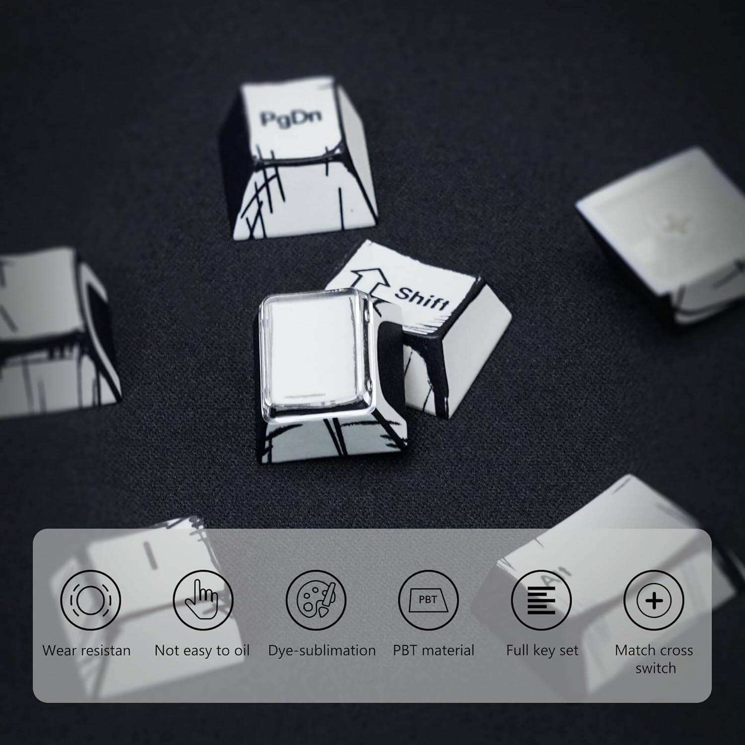 PgDn Shift PBT + Wear resistant Not easy to oil Dye-sublimation PBT material Full key set Match cross switch