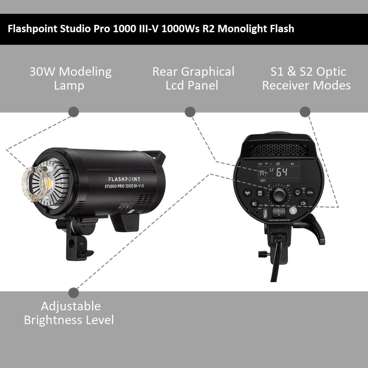 Flashpoint Studio Pro 1000 III-V 1000Ws R2 Monolight Flash 30W Modeling Lamp Rear Graphical S1 & S2 Optic Lcd Panel Receiver Modes FLASHPOINT OINT STUDIO PRO 0000- -V 5 byl - L 1/ 64  O CFn S: C 1 Adjustable Brightness Level