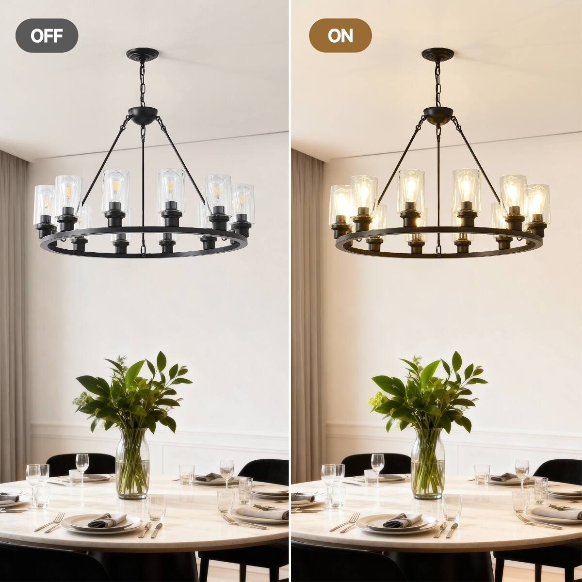 Alt View 7. Loheer - Loheer Modern Farmhouse Chandelier, Twelve Light Wagon Wheel Fixture with Clear Glass Shades for Dining Room.