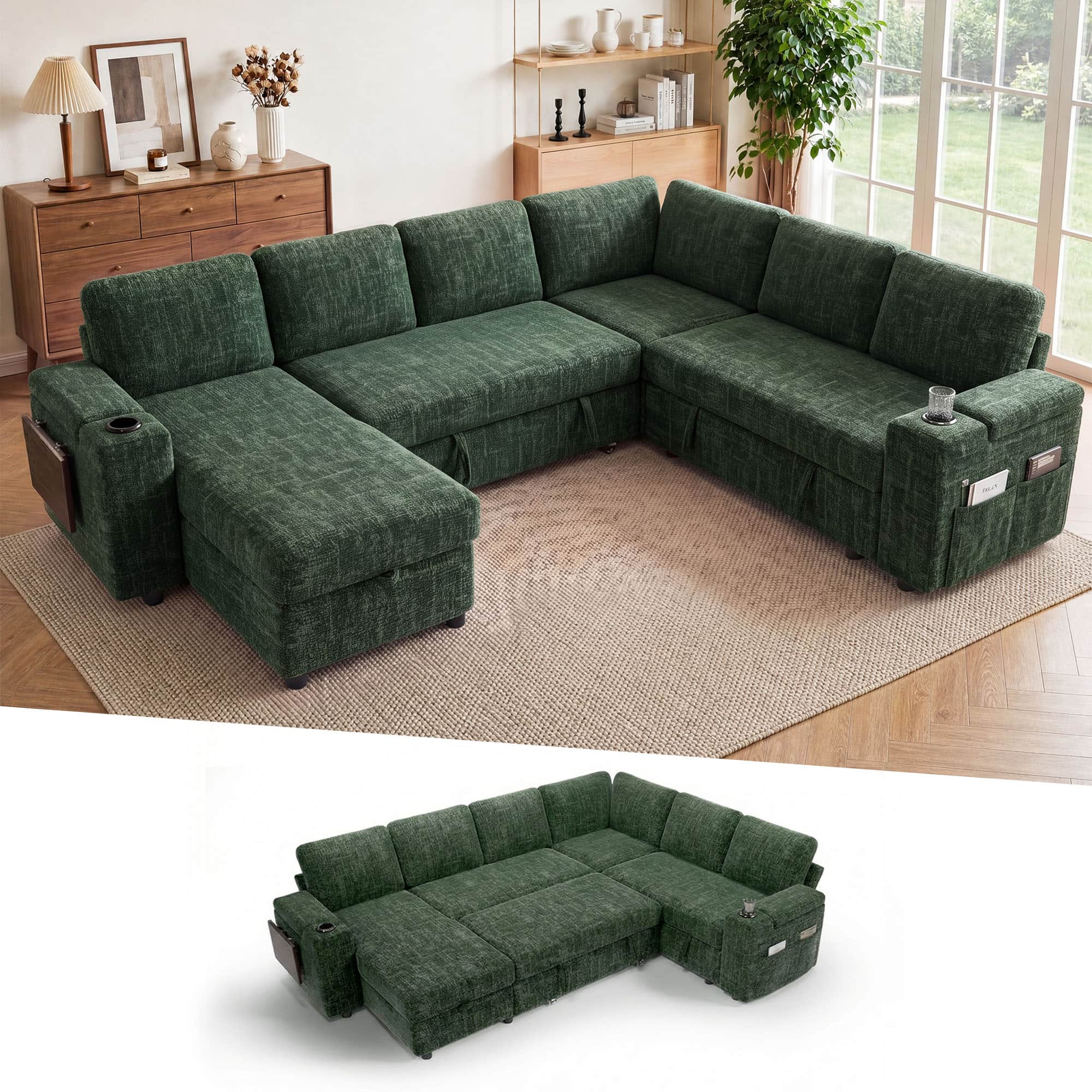 Front. Dyonery - 110" Sleeper Sofa with Pull Out Bed, L-Shaped Couch with Reclining Backrest/USB Ports/Cup Holder/Side Table/Storage - Green.