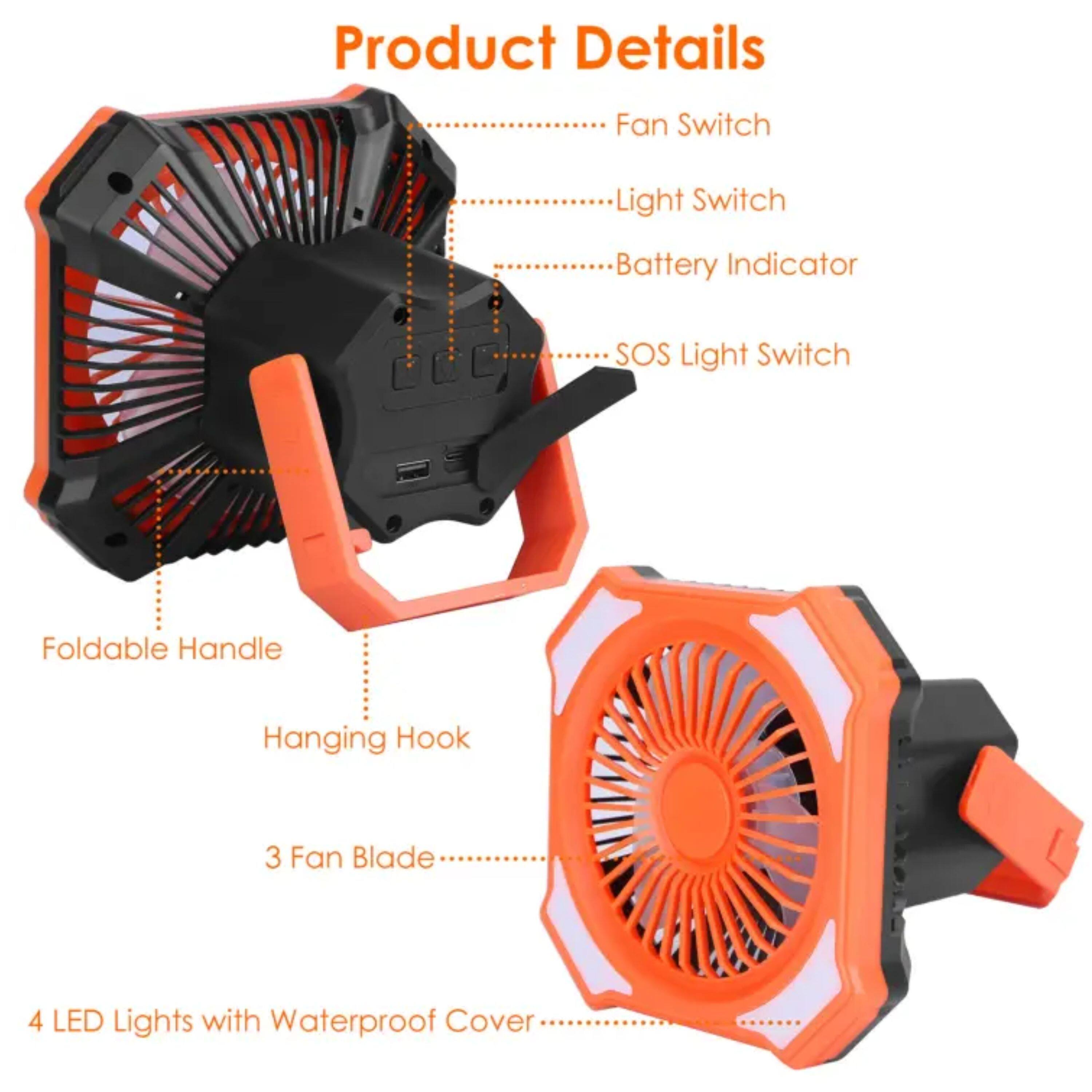 Product Details  
- Fan Switch  
- Light Switch  
- Battery Indicator  
- SOS Light Switch  
- Foldable Handle  
- Hanging Hook  
- 3 Fan Blade  
- 4 LED Lights with Waterproof Cover