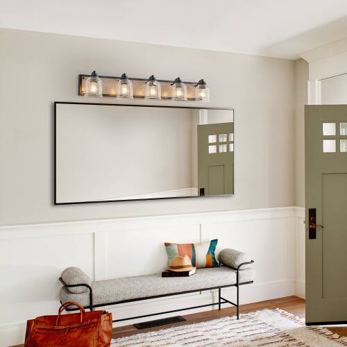 Left. LUCKY ONE - 40in Wall Mount Vanity Light, 5-Light Farmhouse Black Wood Sconce with Seeded Glass Shades - Black.