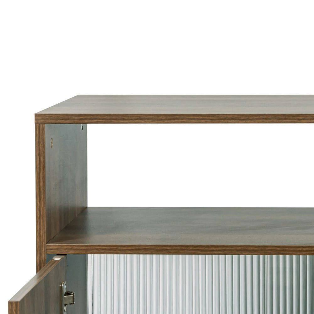Alt View 2. Kadyn - Kitchen Sideboard, Tabletop Cabinet with 2 Glass Sliding Door,3 Side Drawers and 1 small display shelves, Brown - Brown.