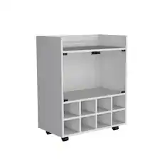Front. TuHome - St Andrews Bar Cart with Built-In 8-Bottle Rack, Double Glass Door Cabinet, And Aluminum-Edged Top Surface - White.