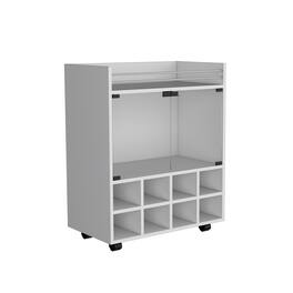 TuHome - St Andrews Bar Cart with Built-In 8-Bottle Rack, Double Glass Door Cabinet, And Aluminum-Edged Top Surface - White