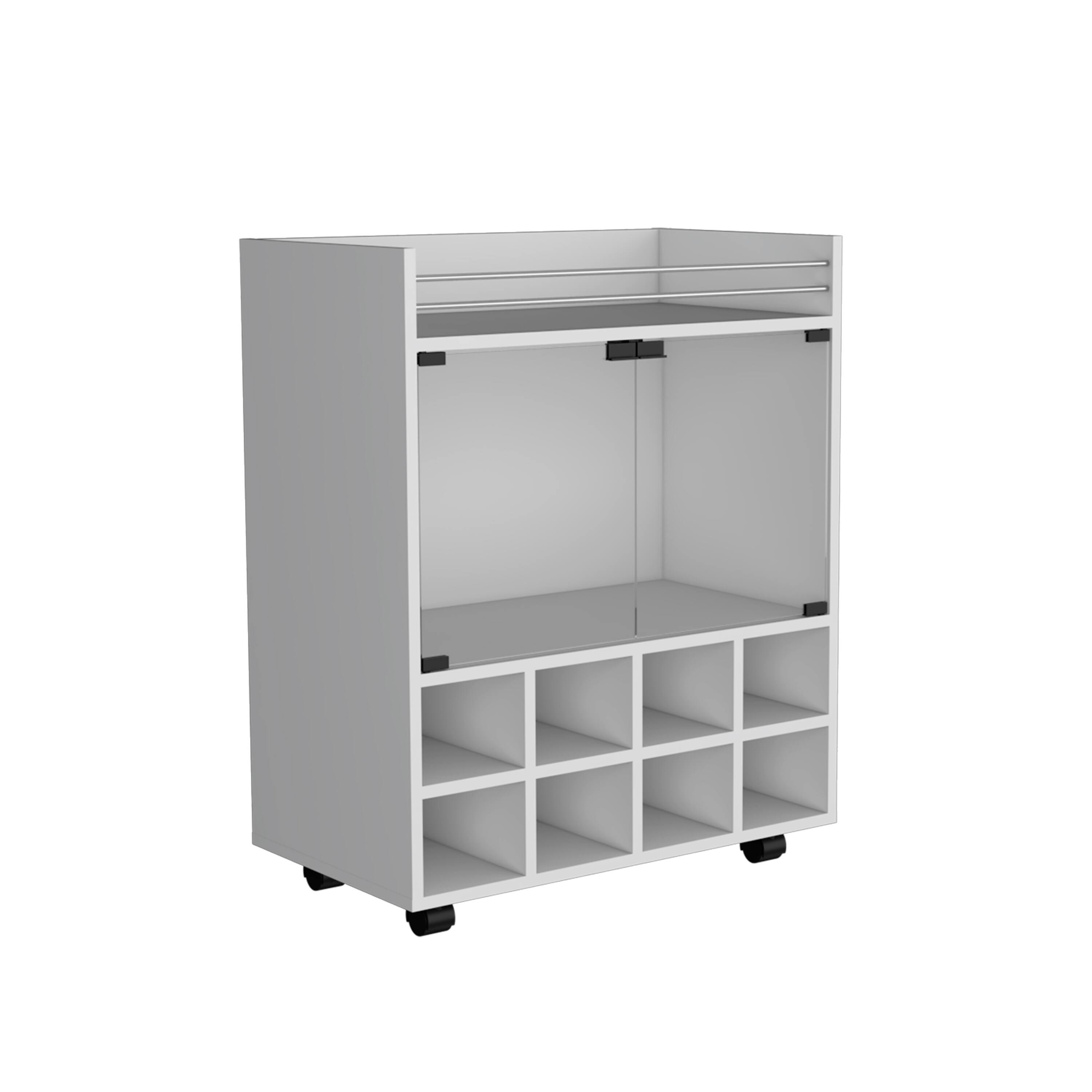 Front. TuHome - St Andrews Bar Cart with Built-In 8-Bottle Rack, Double Glass Door Cabinet, And Aluminum-Edged Top Surface - White.