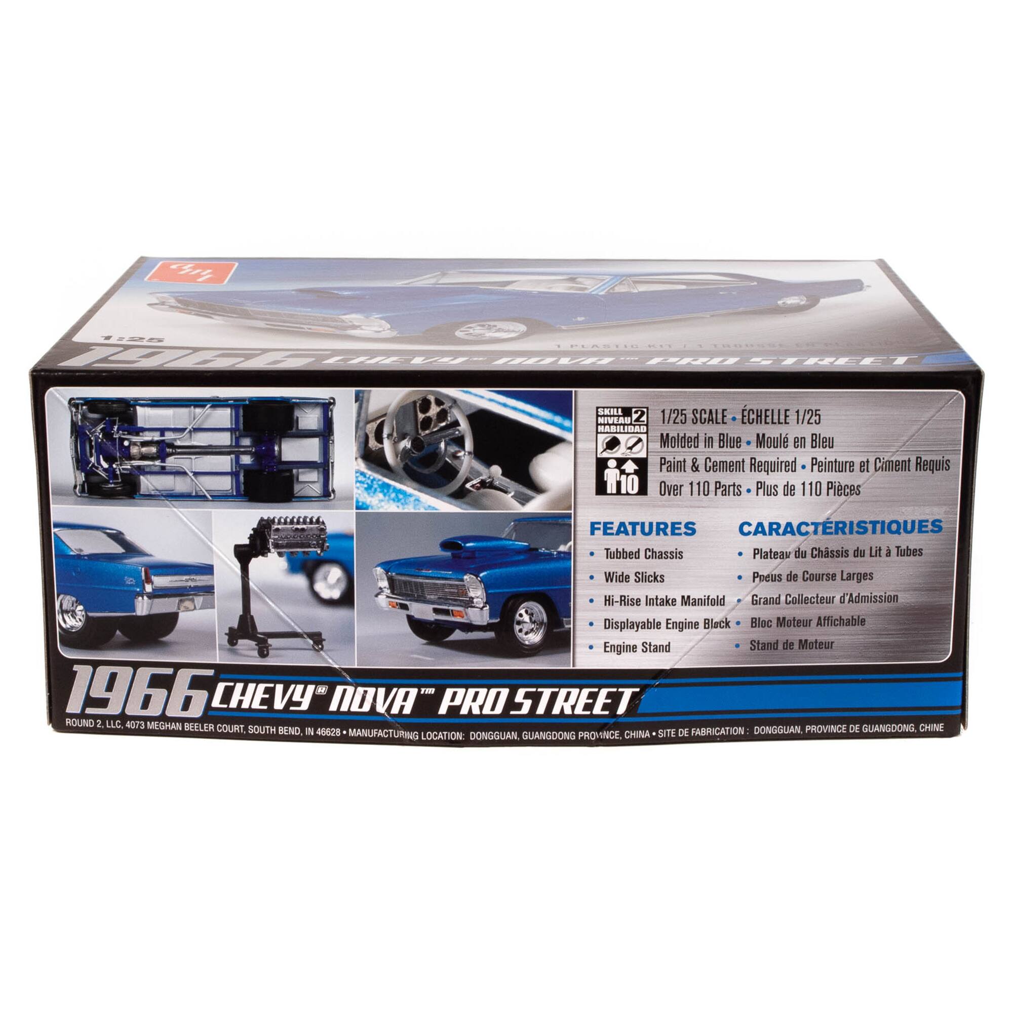 The image features a box containing a model car, specifically a 1966 Chevy Nova Pro Street. The box is blue and has a picture of the car on it. The model car is made by K&S Manufacturing and is a 1/25 scale model. The box also includes a displayable engine and a stand for the model car. The model car is made in China and is designed for hobbyists and collectors.