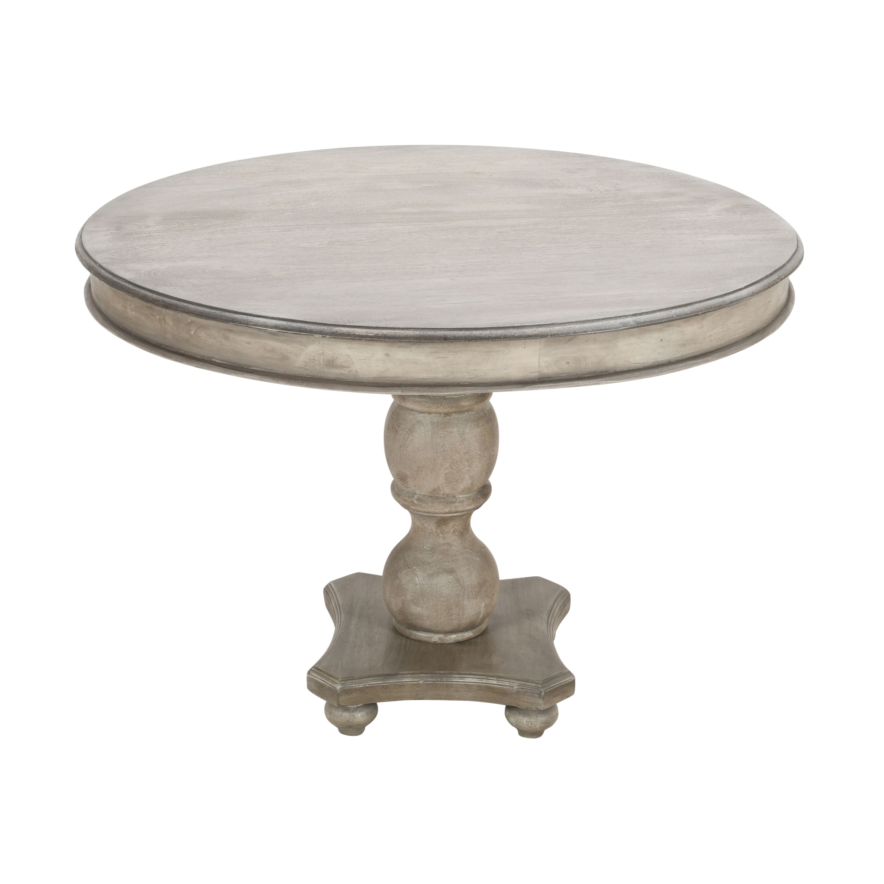 Manhattan Lane - 42 Inch Handcrafted Mango Wood Dining Table, Pedestal Base, Round Molded Top - Washed White and Gray