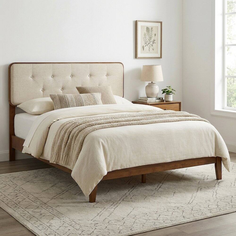 Left. FurniFact - Tufted Fabric King Headboard with Wood Frame and Elegant Design - Brown.