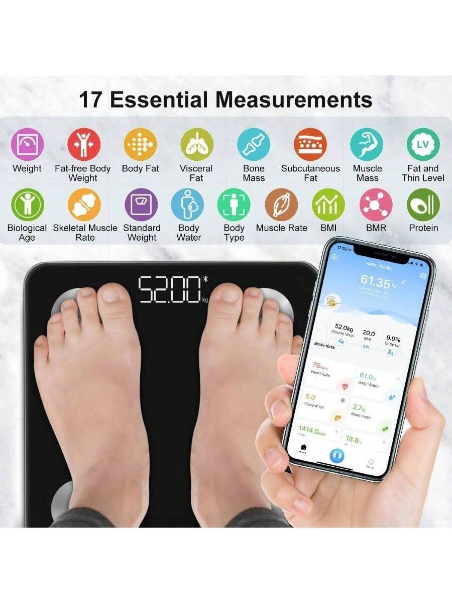 17 Essential Measurements

- Weight
- Fat-free Body Weight
- Body Fat
- Visceral Fat
- Bone Mass
- Subcutaneous Fat
- Muscle Mass
- Fat and Thin Level
- Biological Age
- Skeletal Muscle Rate
- Standard Weight
- Body Water
- Body Type
- Muscle Rate
- BMI
- BMR
- Protein

17:02

Helo Hunier
61.35 kg

Body data
- 52.00 kg
- 20.0 kg
- 9.9% Body Fat
- 50.0 kg Fat-free Body Weight
- 1414.0 kcal Visceral Fat
- 2.7 m² Body Water
- 18.8% Bone Mass

Heart Rate
- 76 bpm

Body Water
- 61.0 L