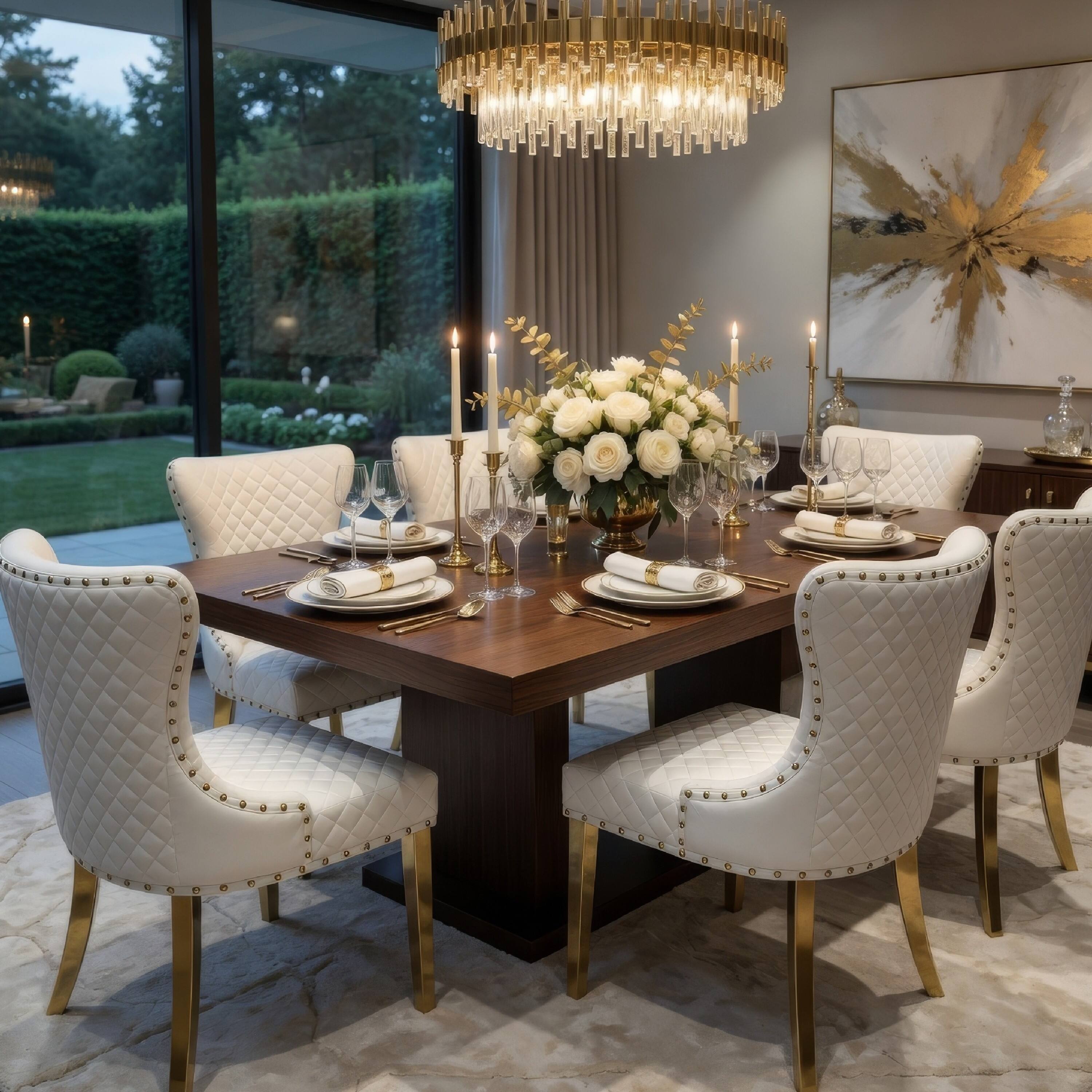 Alt View 6. Manhattan Lane - Anova Dining Side Chair Set of 2, Diamond Pattern White Seat, Gold Leg - White, Gold.