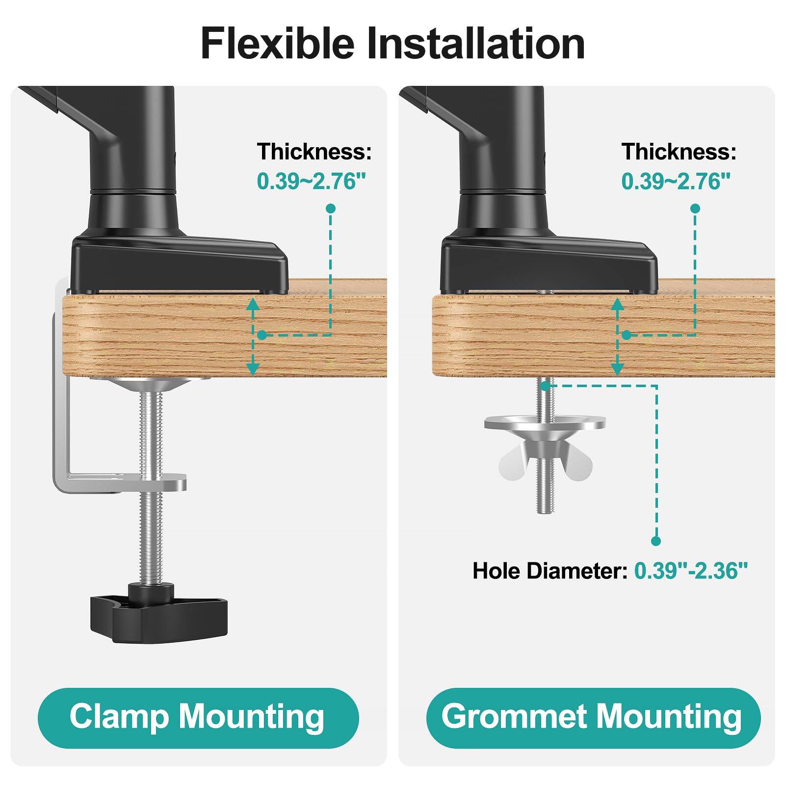 Flexible Installation

Thickness: 0.39~2.76"

Hole Diameter: 0.39"-2.36"

Clamp Mounting

Grommet Mounting