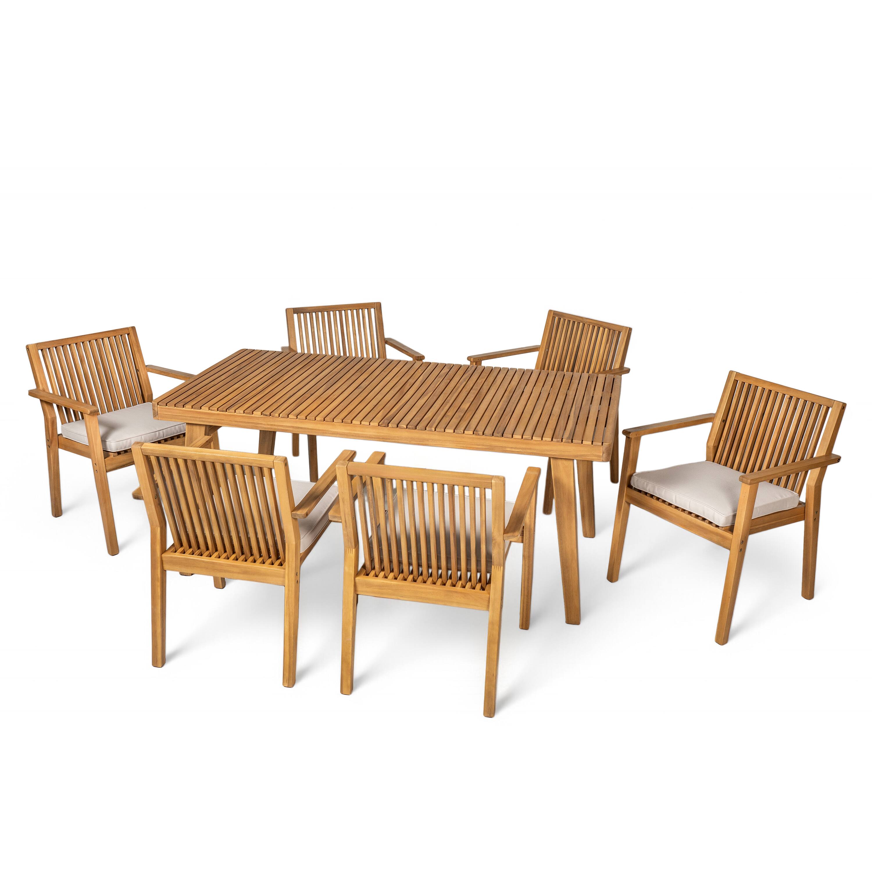 Back. Mondawe - 7 - Piece Patio Furniture Set Acacia Wood Table and 6 Heavy-Duty Cushioned Chairs - Beige+Natural.