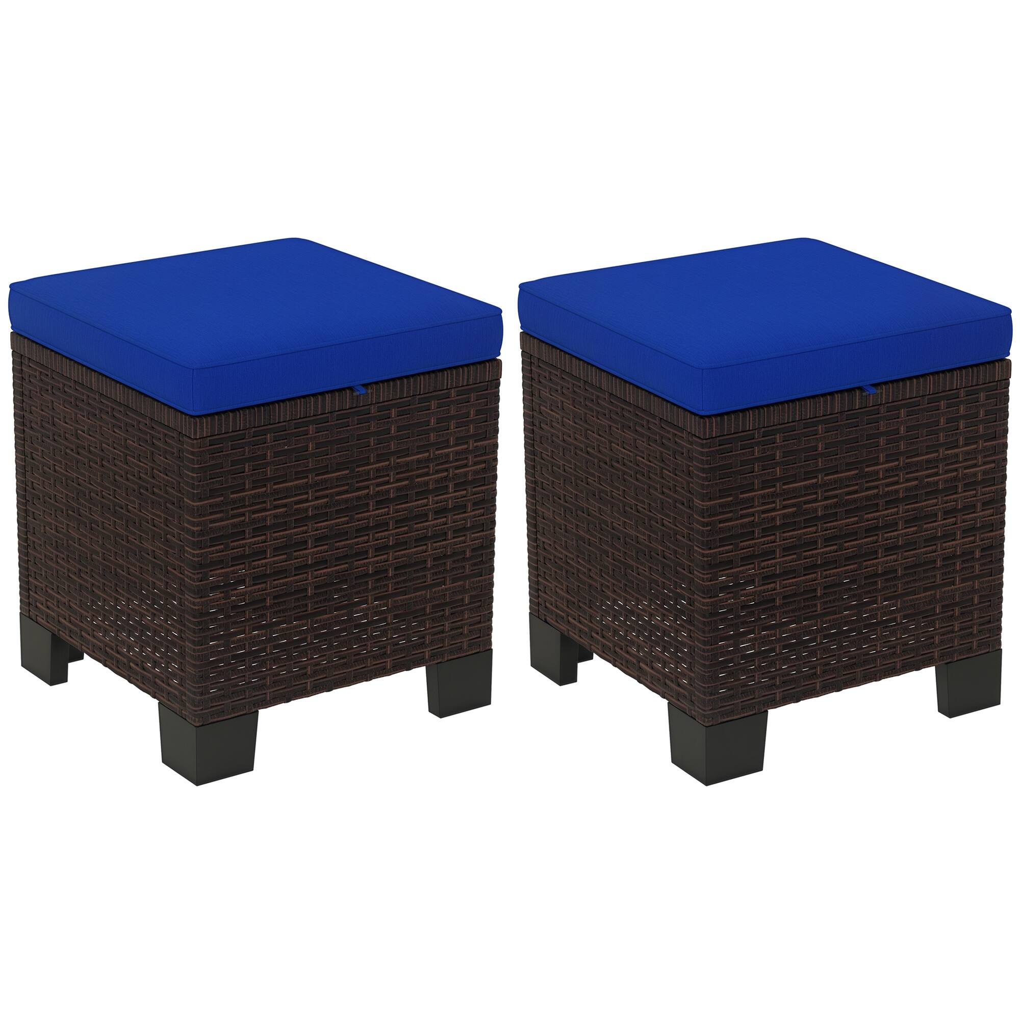 Outsunny - Piece Wicker Outdoor Ottomans with Cushions, Rattan Ottoman Footrest and Side Table for Patio, Yard, Poolside - Dark Blue