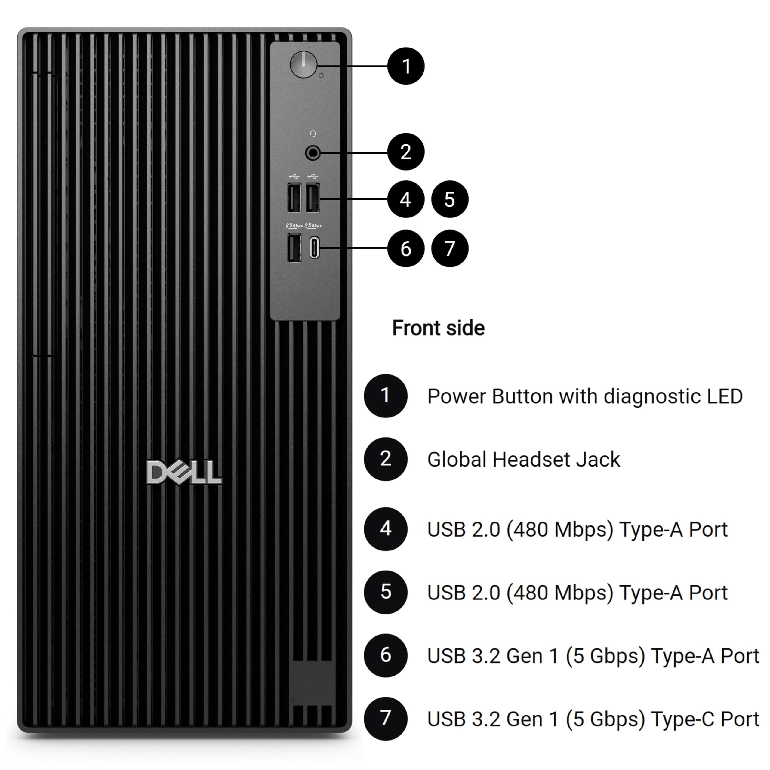 Front side

1. Power Button with diagnostic LED  
2. Global Headset Jack  
4. USB 2.0 (480 Mbps) Type-A Port  
5. USB 2.0 (480 Mbps) Type-A Port  
6. USB 3.2 Gen 1 (5 Gbps) Type-A Port  
7. USB 3.2 Gen 1 (5 Gbps) Type-C Port